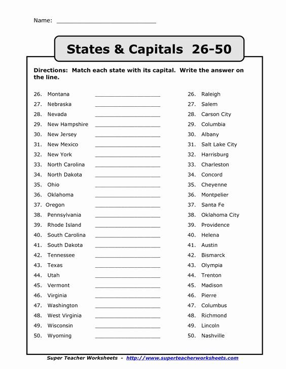 states and capitals matching worksheet
