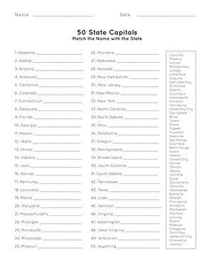 states and capitals matching worksheet