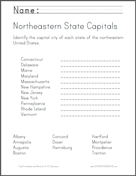 Northeastern State Capitals Identification Worksheet | Student ...