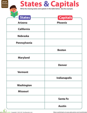 states capitals worksheet