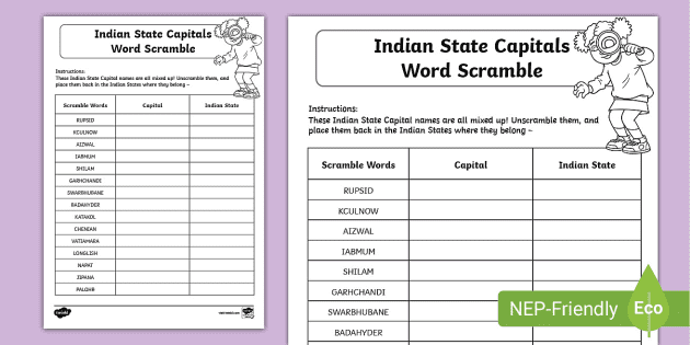 Indian State Capitals Word Scramble (Lehrer gemacht)