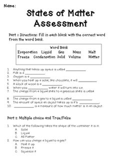 states of matter worksheet answer key