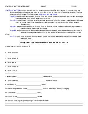 states of matter worksheet high school