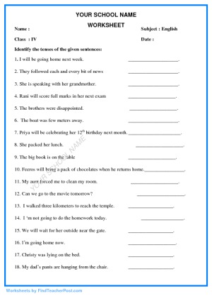 Worksheets for Std IV - English | Find Teacher Post Worksheets