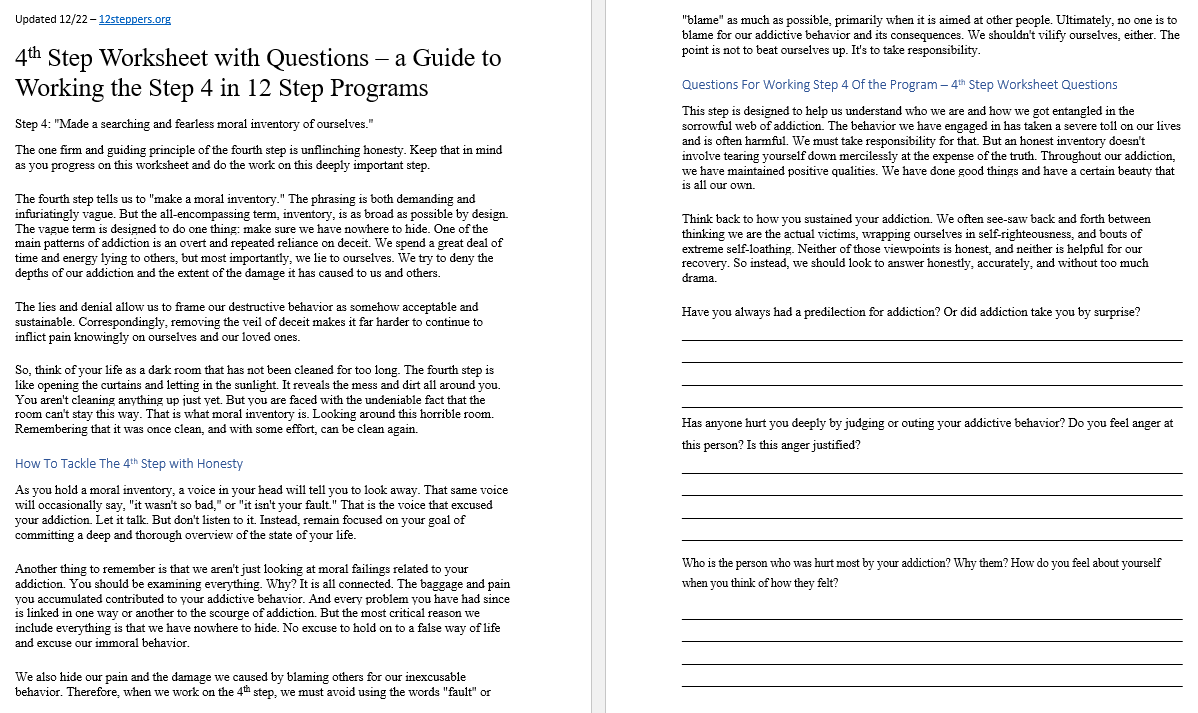 4th Step Worksheet with Questions - [Free PDF Download &  Print ...