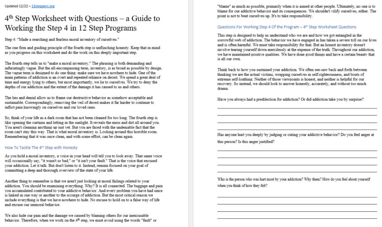 4th Step Worksheet with Questions - [Free PDF Download &  Print ...