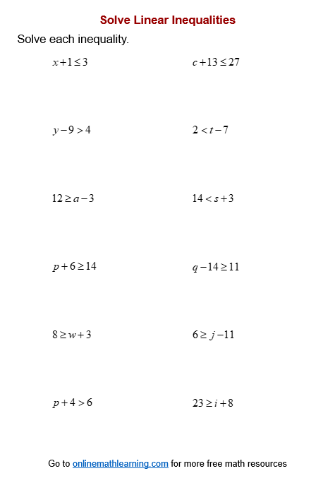 step one and two step inequalities worksheet