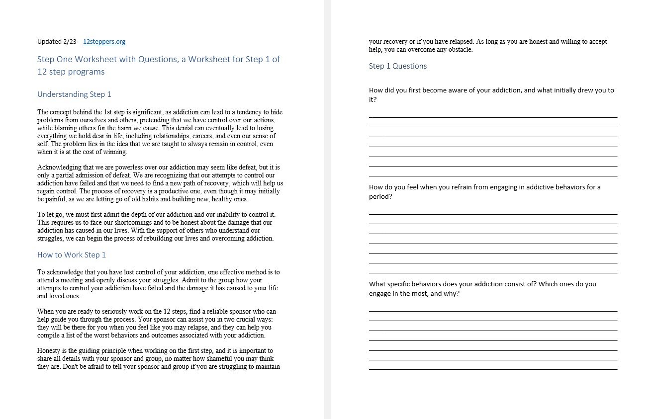 Step 1 Worksheet with Questions [Free PDF Download &  Print] - 12 ...