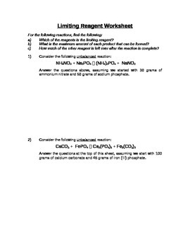 stoichiometry limiting reagent worksheet