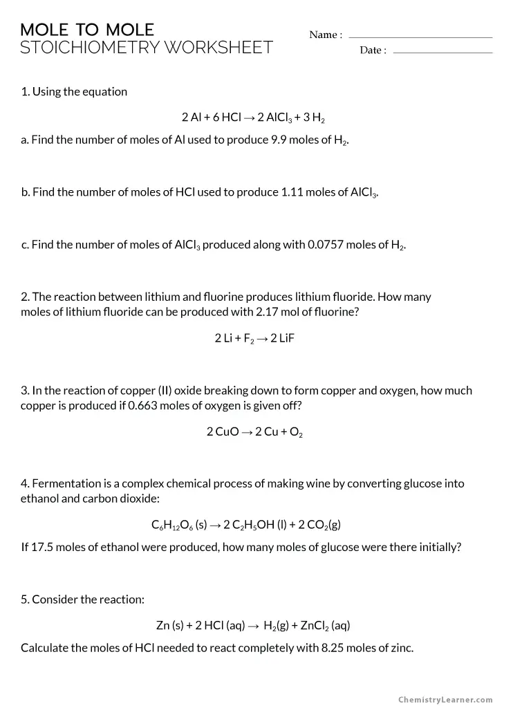 Free Printable Mole to Mole Stoichiometry Worksheets