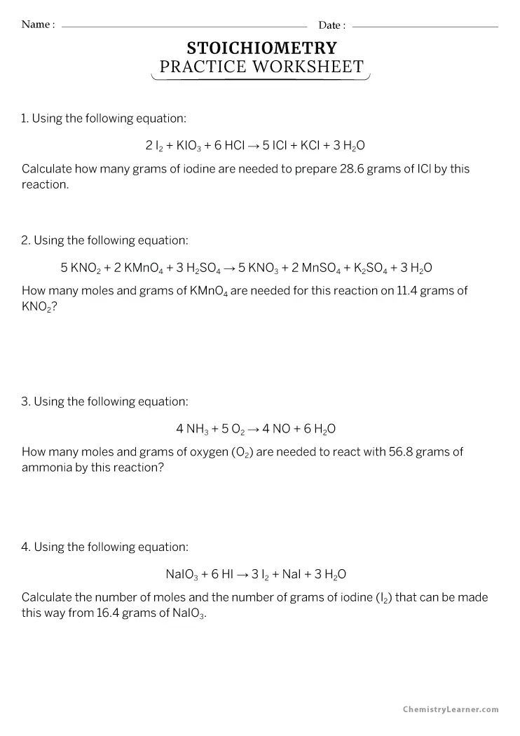 stoichiometry problems worksheet 1 answers