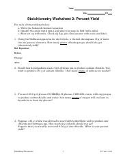 stoichiometry worksheet 2 percent yield