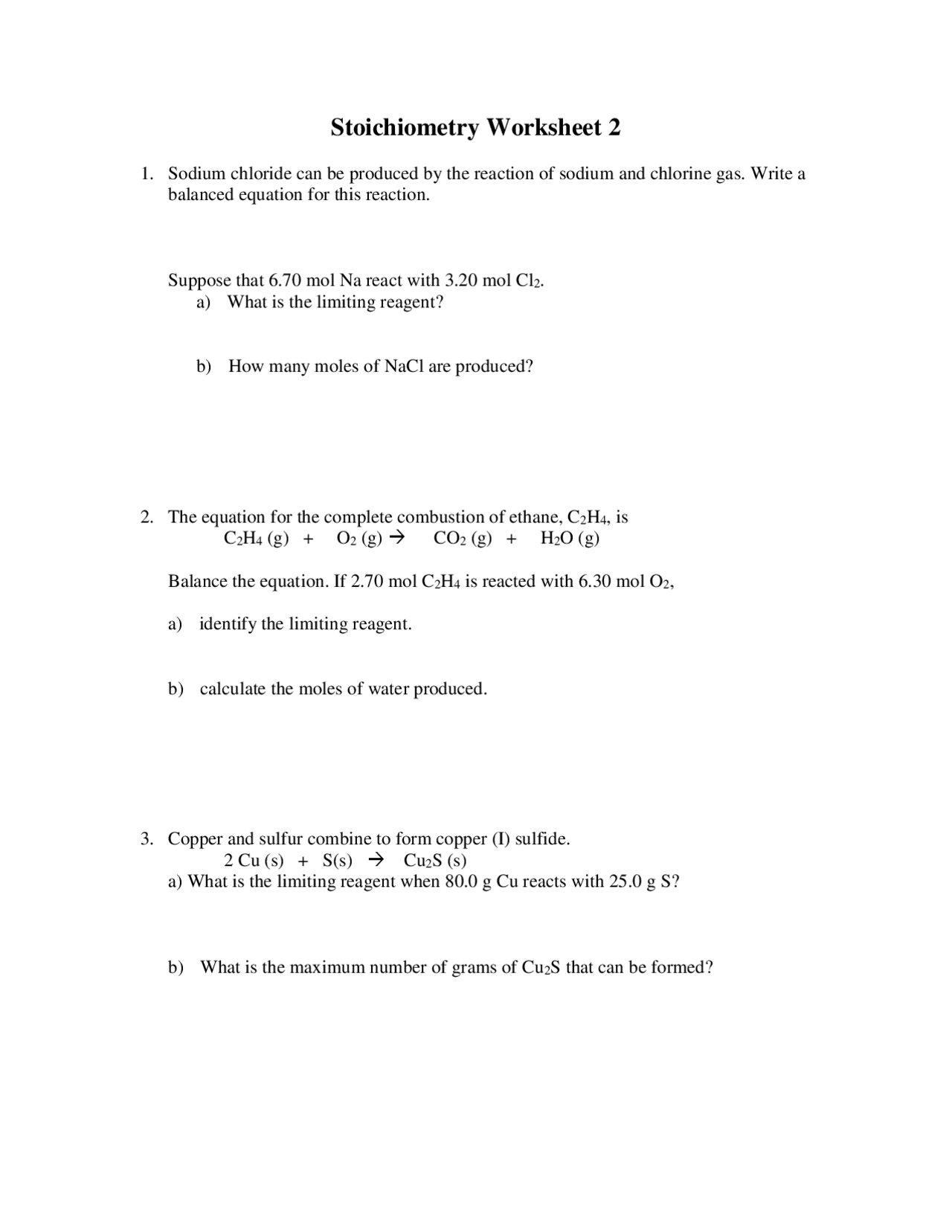 Stoichiometry Worksheet 2 Practice Problems | Exercises Chemistry ...