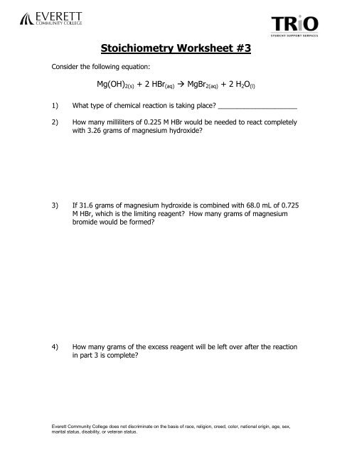 Stoichiometry Worksheet #3 - Everett Community College