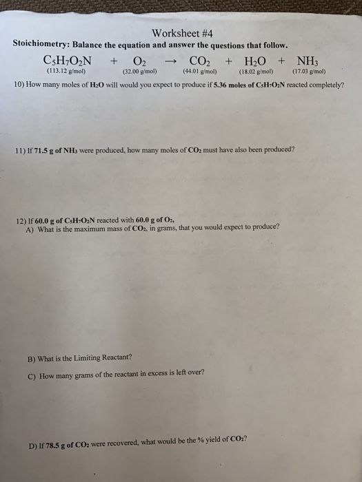 Solved Worksheet #4 Stoichiometry: Balance the equation and ...