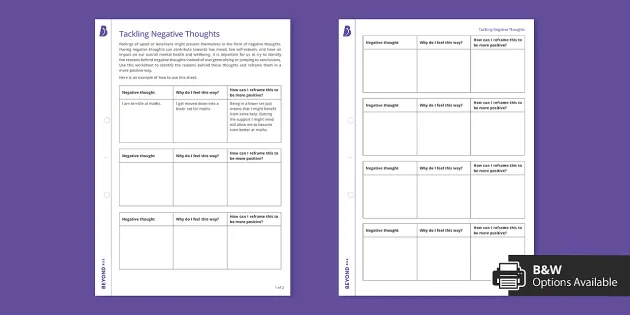 Tackling Negative Thoughts Worksheet | Beyond RSE - Twinkl - Worksheets ...