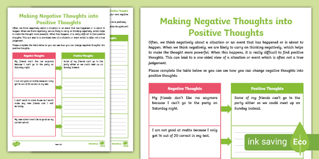 Making Negative Thoughts into Positive Thoughts Worksheet - Worksheets ...