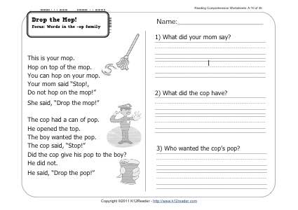 Drop the Mop! | 1st Grade Reading Comprehension Worksheet Wk 10