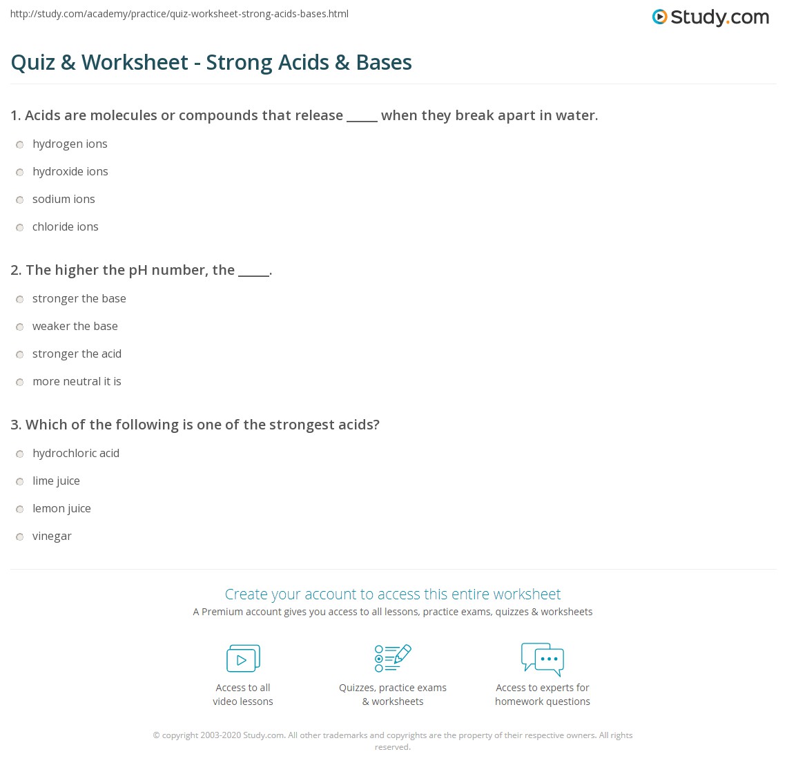 Quiz &  Worksheet - Strong Acids &  Bases | Study.com