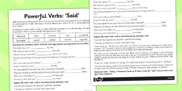 Synonyms for Said Worksheet - Powerful Verbs - KS2 Resource
