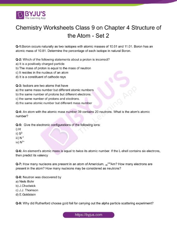 Class 9 Chemistry Worksheet on Chapter 4 Structure of the Atom- Set 2