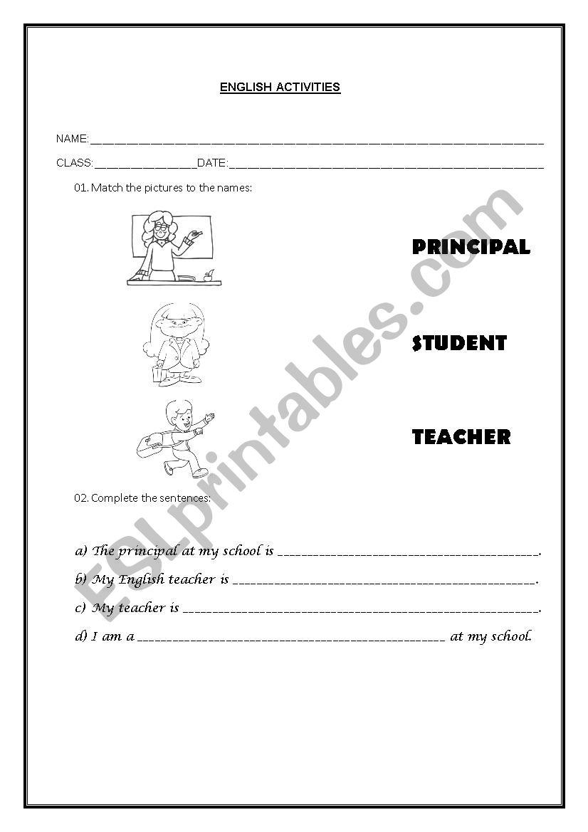 Teacher Student Principal - ESL worksheet by AlineCami