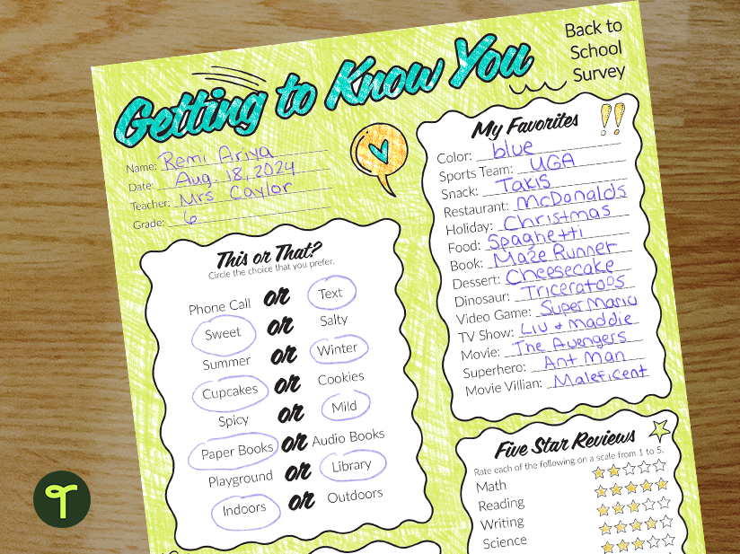 Getting to Know You Worksheet for Upper Years | Teach Starter