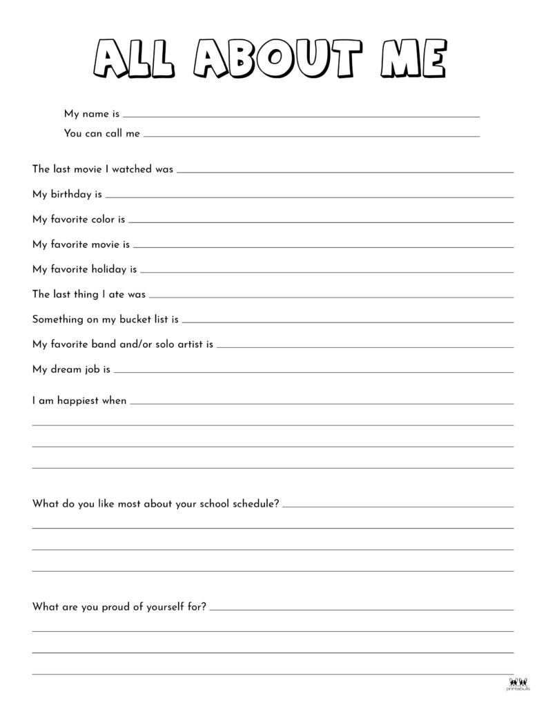All About Me Printable Worksheets - 50 FREE Printables | Printabulls