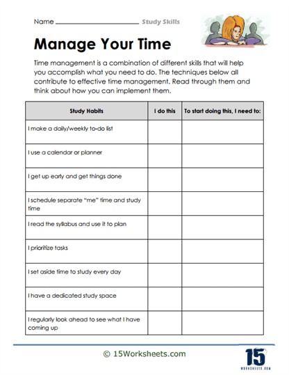 study skills worksheet for middle school