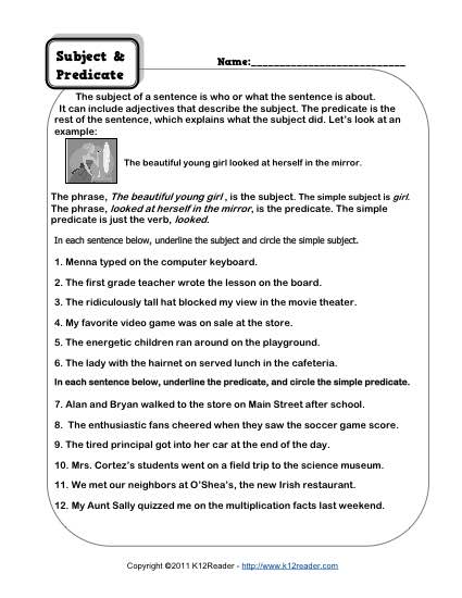 subject and predicate worksheet 3rd grade