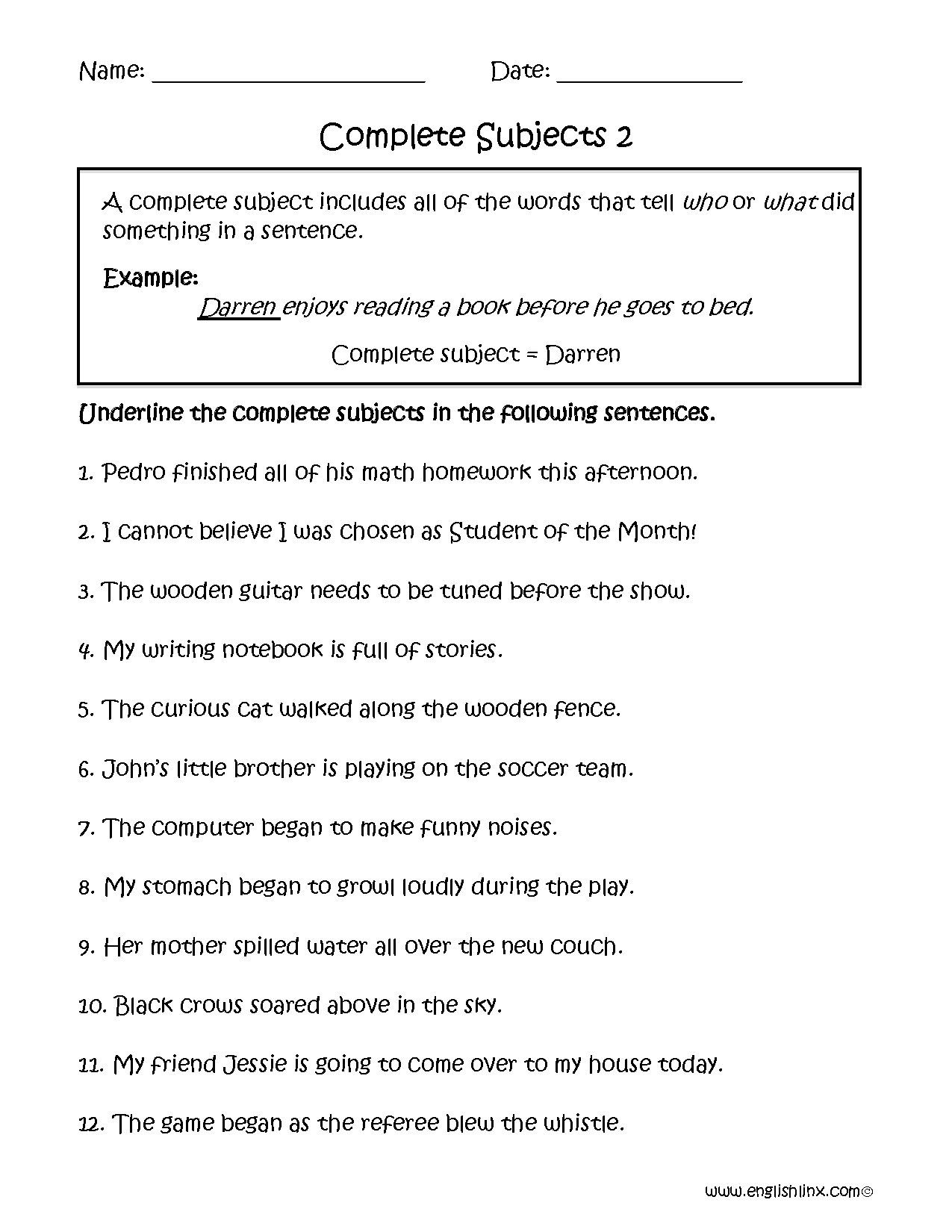 subject and predicate worksheet for 2nd graders