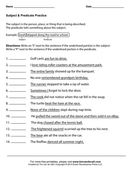 subject and predicate worksheet for 3rd grade