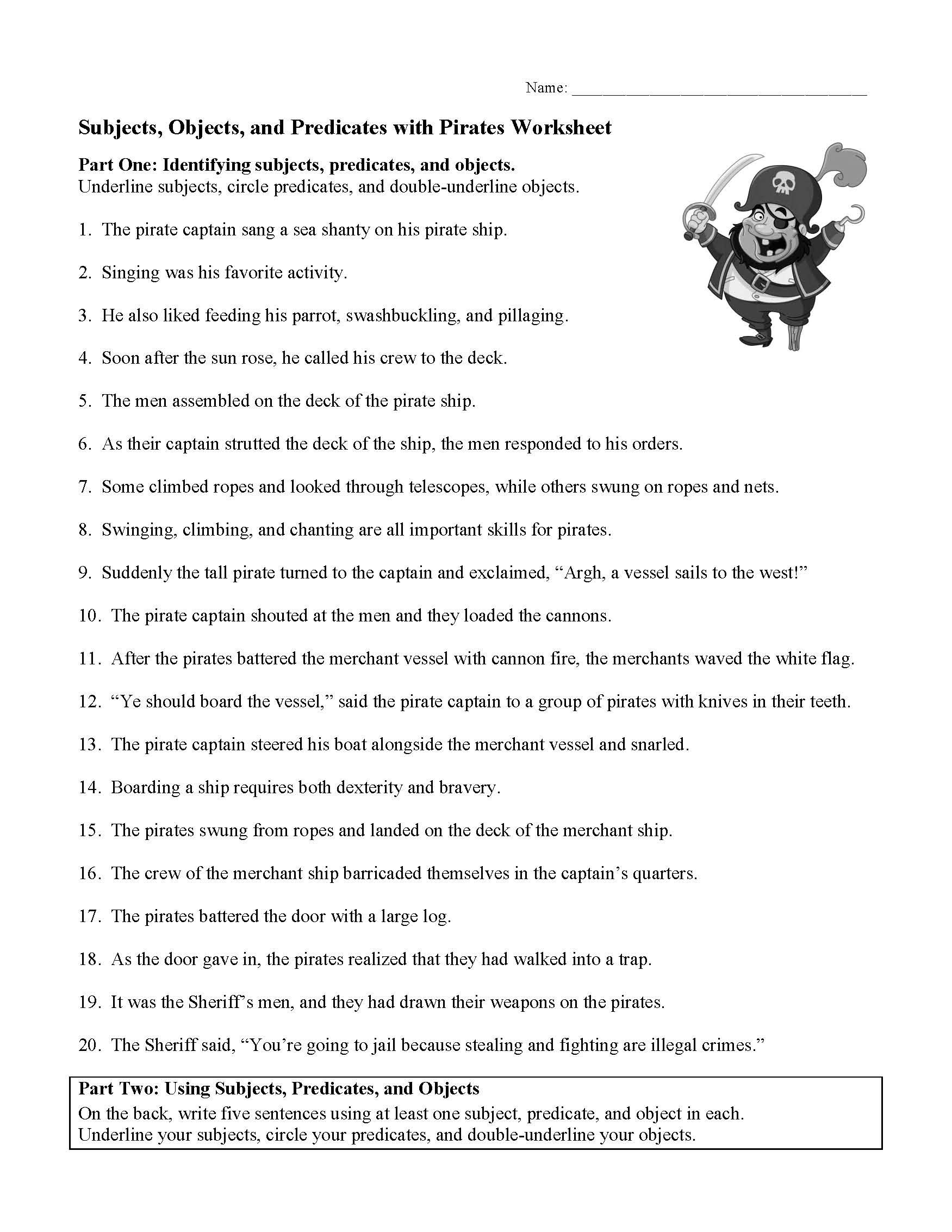 Subjects, Objects, and Predicates with Pirates Worksheet ...