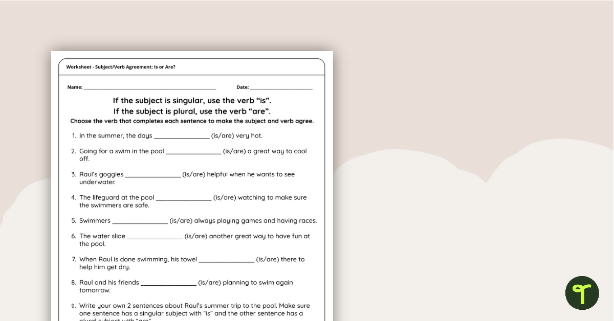 Is/Are Subject Verb Agreement Worksheet | Teach Starter
