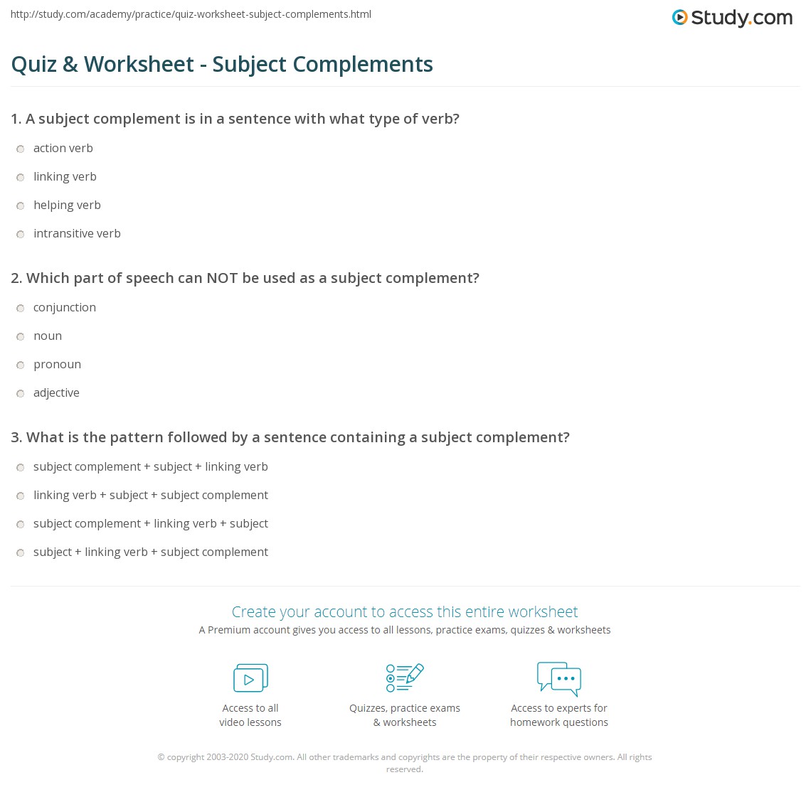 Quiz &  Worksheet - Subject Complements | Study.com