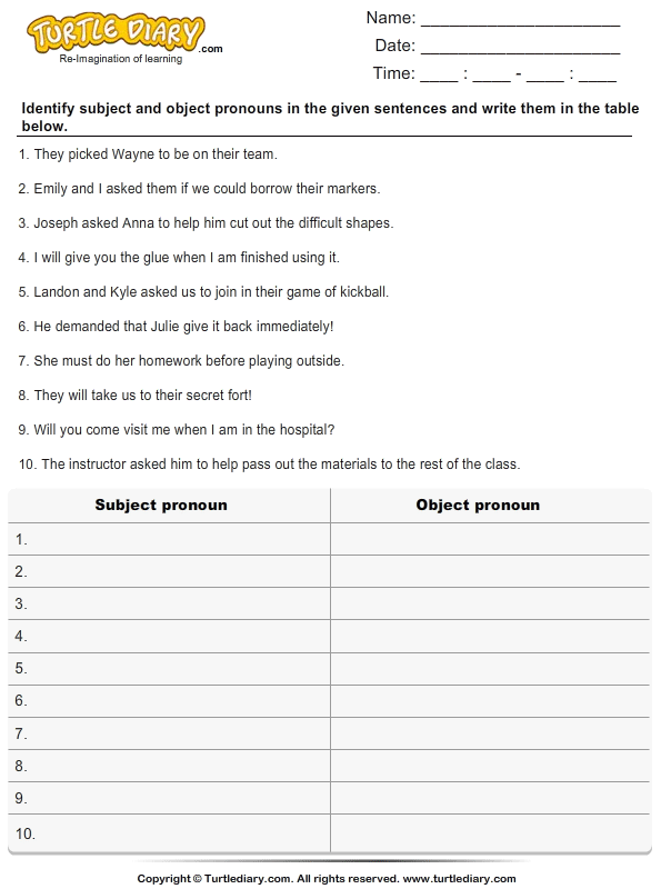 Identify Subject and Object Pronoun and List them | Turtle Diary ...
