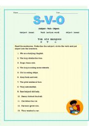Subject , Verb and object - ESL worksheet by Tanuja1809