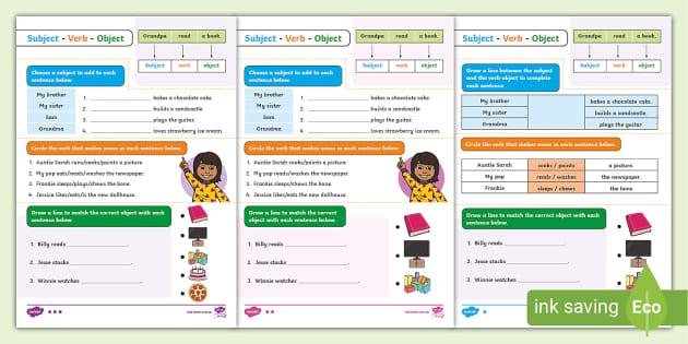Subject-Verb-Object Worksheets | F-2 Grammar Tasks | Twinkl