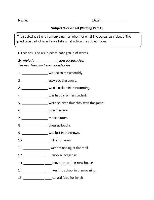 subject of a sentence worksheet
