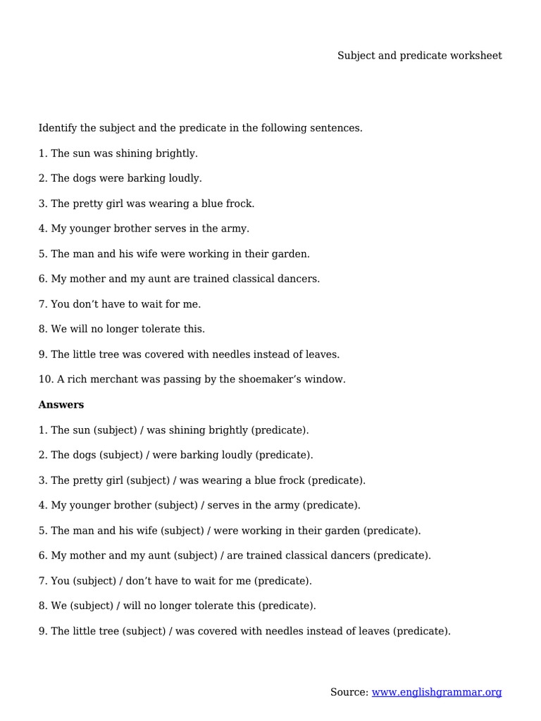 Subject and Predicate Worksheet | Gratis herunterladen PDF ...
