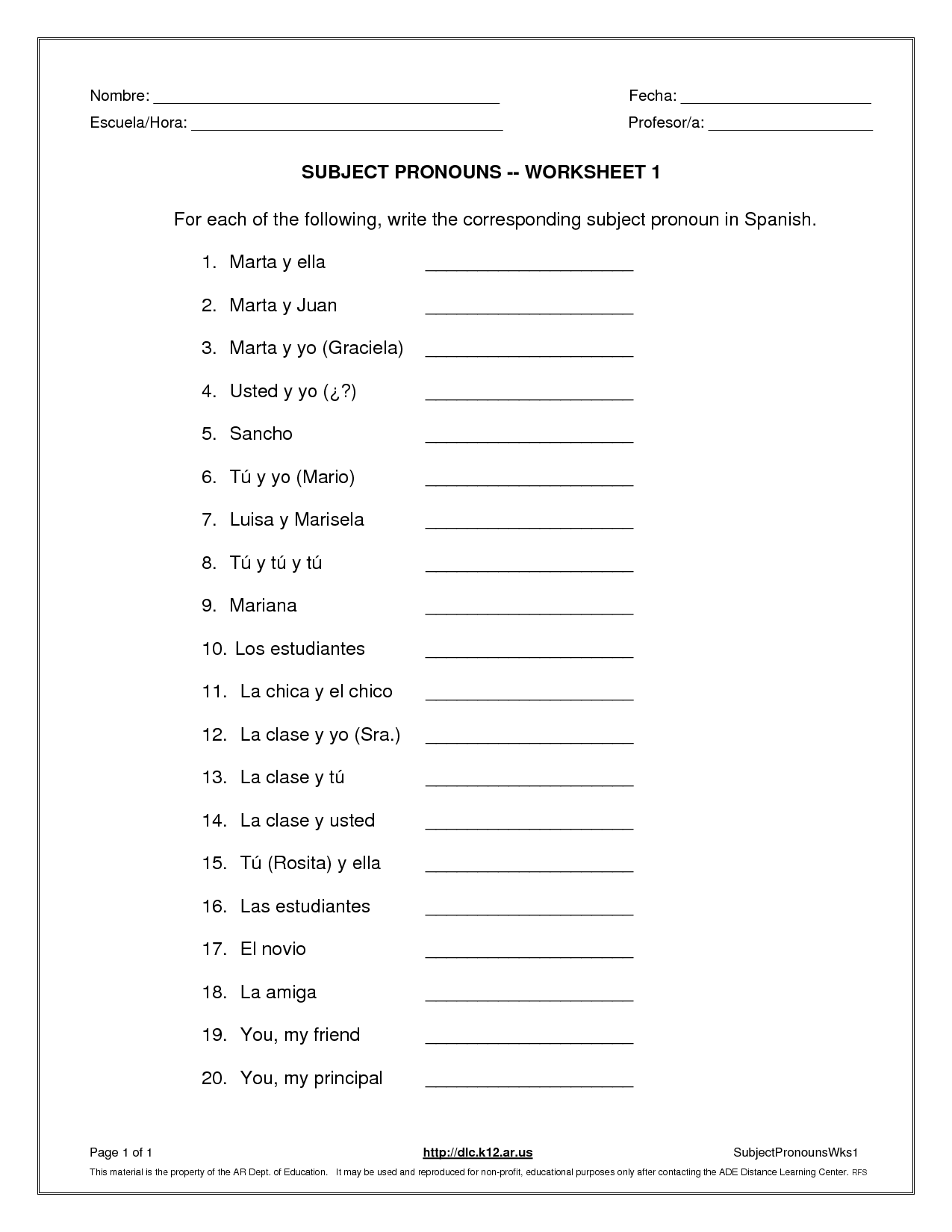 Spanish Worksheets Printables SUBJECT PRONOUNS WORKSHEET 1 