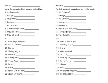 subject pronouns worksheet 1 answers