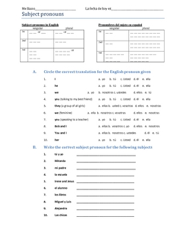 subject pronouns worksheet 1 answers