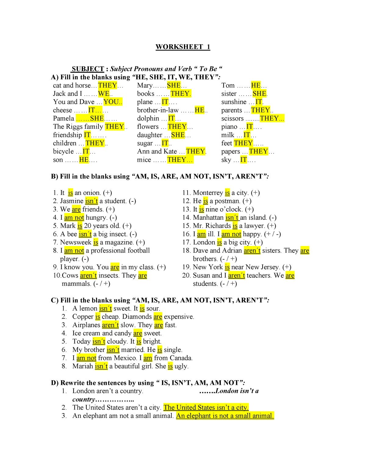 subject pronouns worksheet 1 answers
