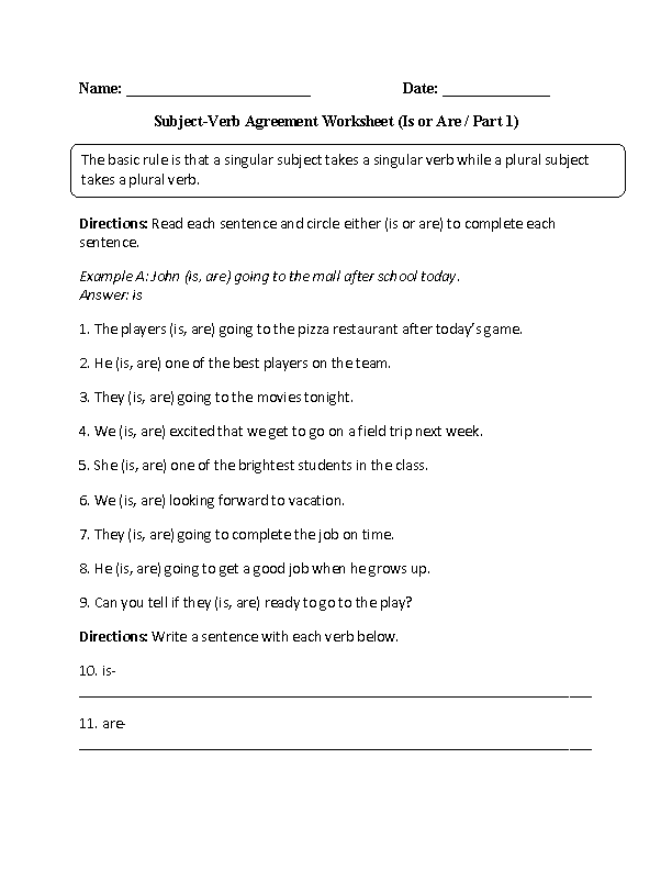 subject verb agreement practice worksheet