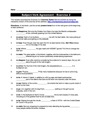 Fillable Online Subject-Verb Agreement -- Exercise 2 - Percy L ...