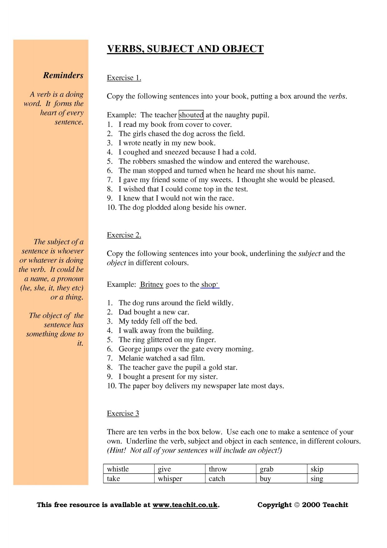 Subject verb object worksheet | KS3 English | Teachit - Worksheets Library