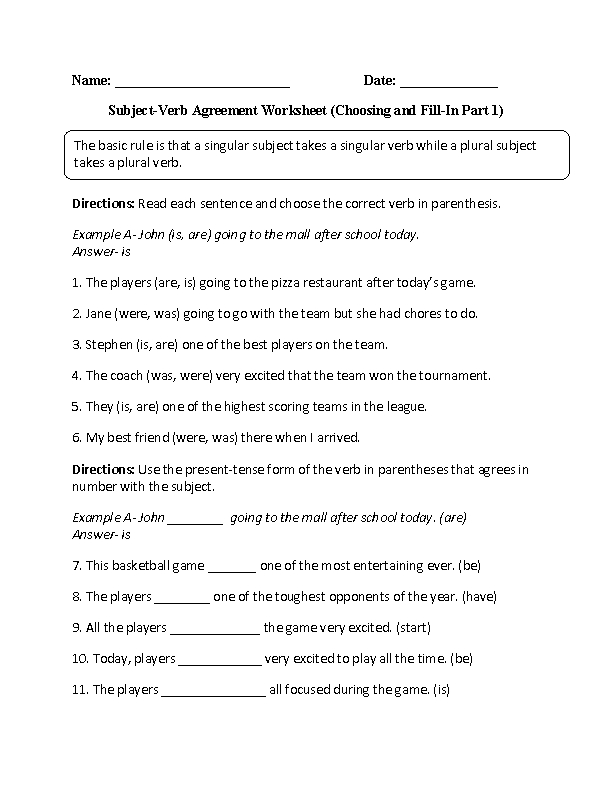 Subject Verb Agreement Worksheets | Choosing and Fill-In Subject ...