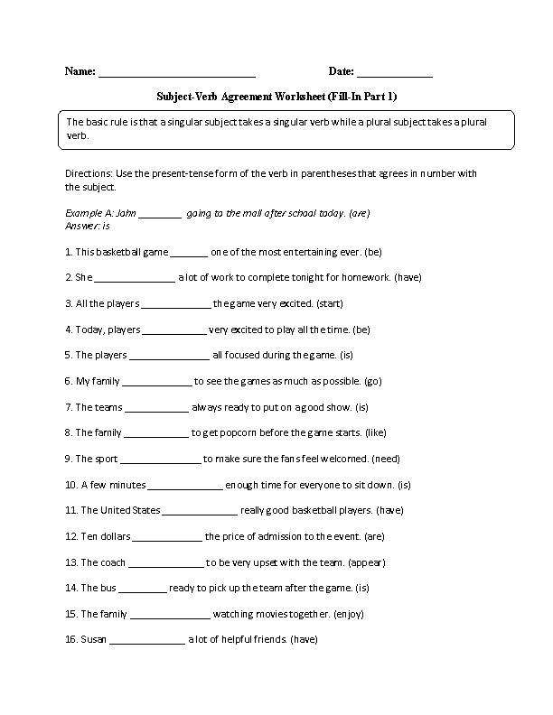Subject Verb Agreement Worksheets | Sentences with Subject Verb ...