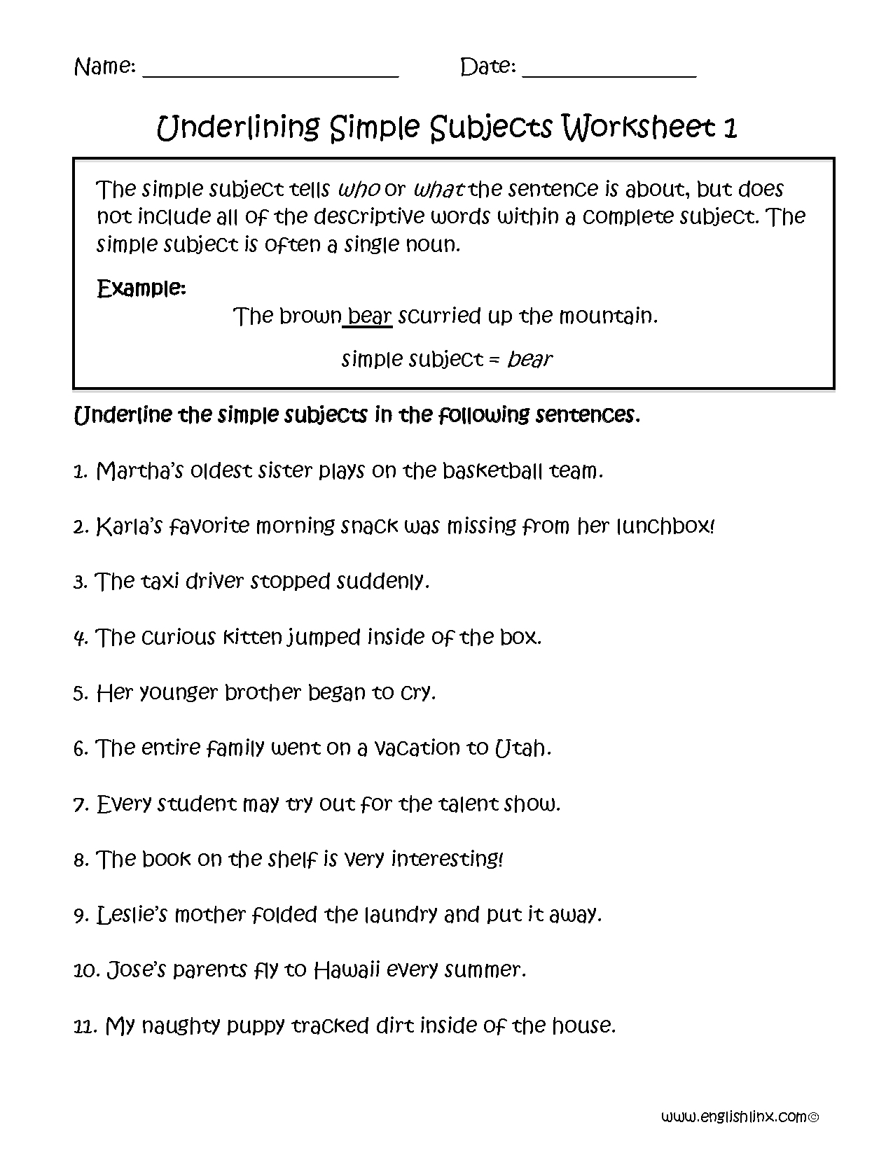 Subject and Predicate Worksheets | Underlining Simple Subject ...